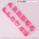 12 grid Hot Pink Pearl Beads Nail Charms Mixed Sizes Round Flatback Stones DIY Designs