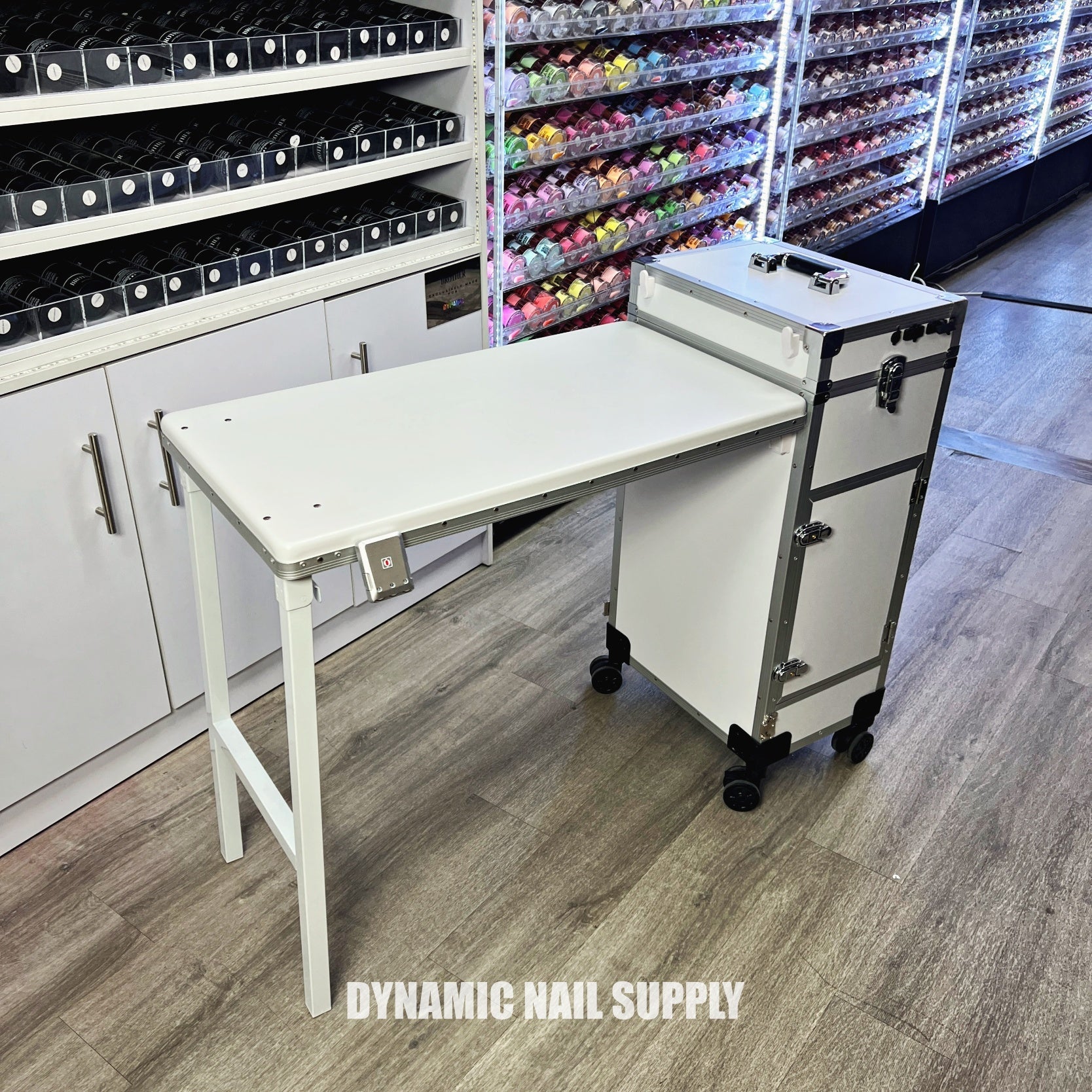 (White) Portable & Foldable Rolling Manicure Nail Table - Travel Makeup Desk & Train Case