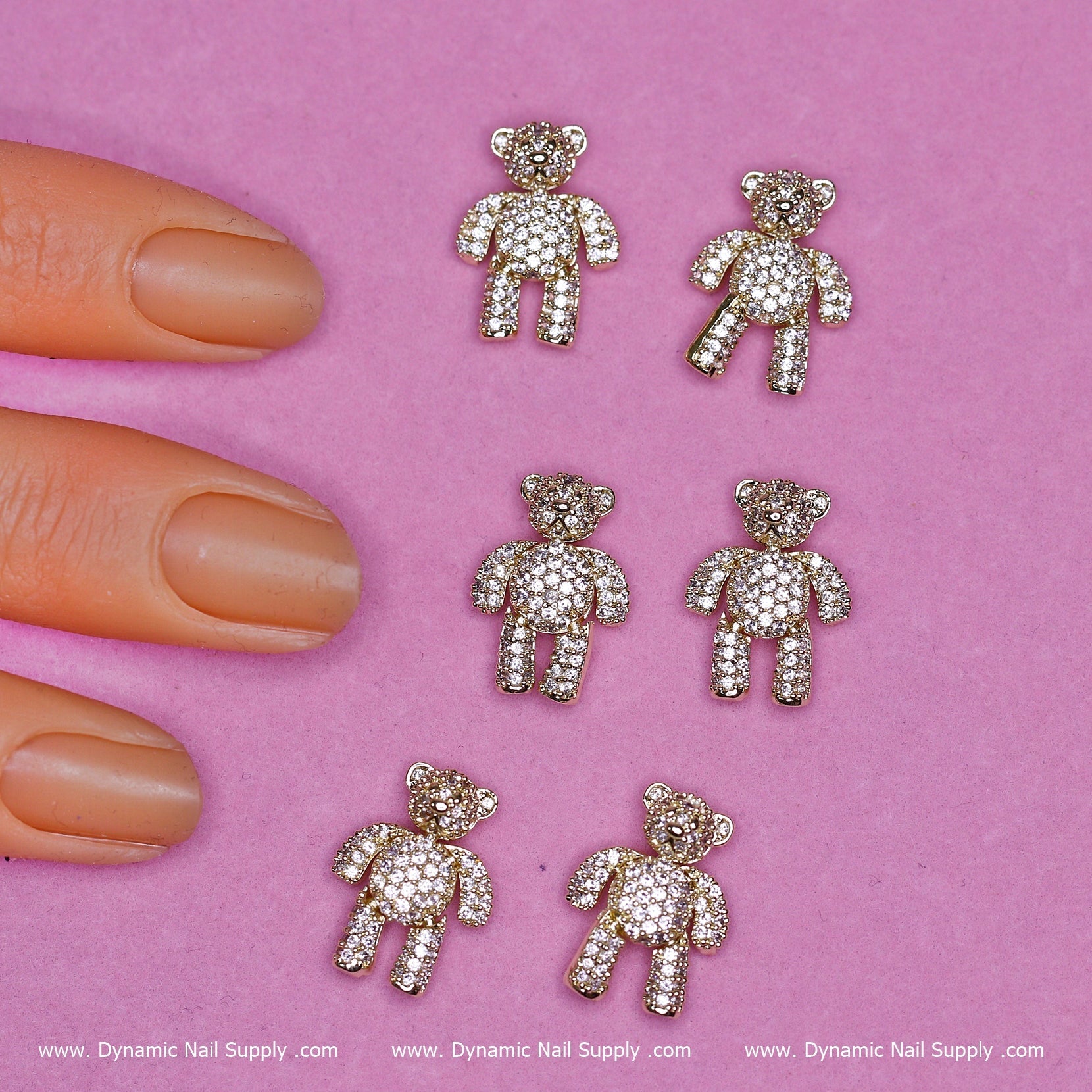 (Gold) 6 pcs Movable Teddy Bear Charms with Rhinestones Engraved