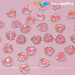 30 pcs 3D  Pink Ruby Heart Rhinestone Charm for Nails Art Design (Pink stones + Silver claws base)